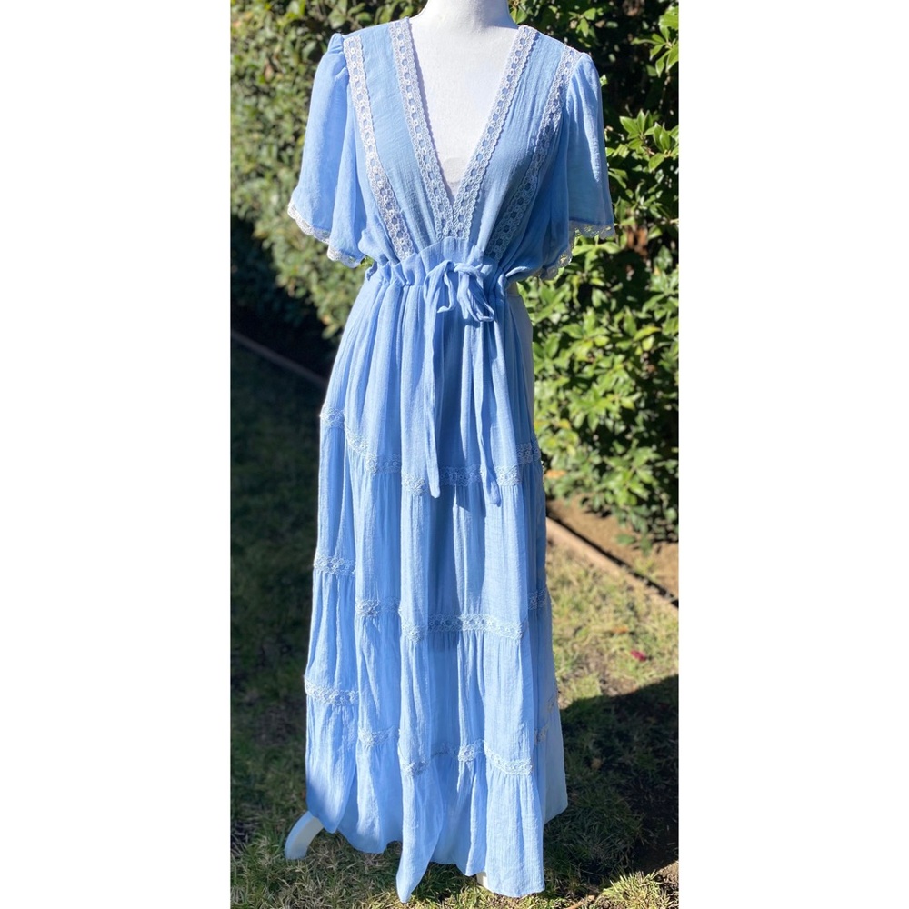 NWT Light Blue V Neck Maxi Dress with Lace Trim